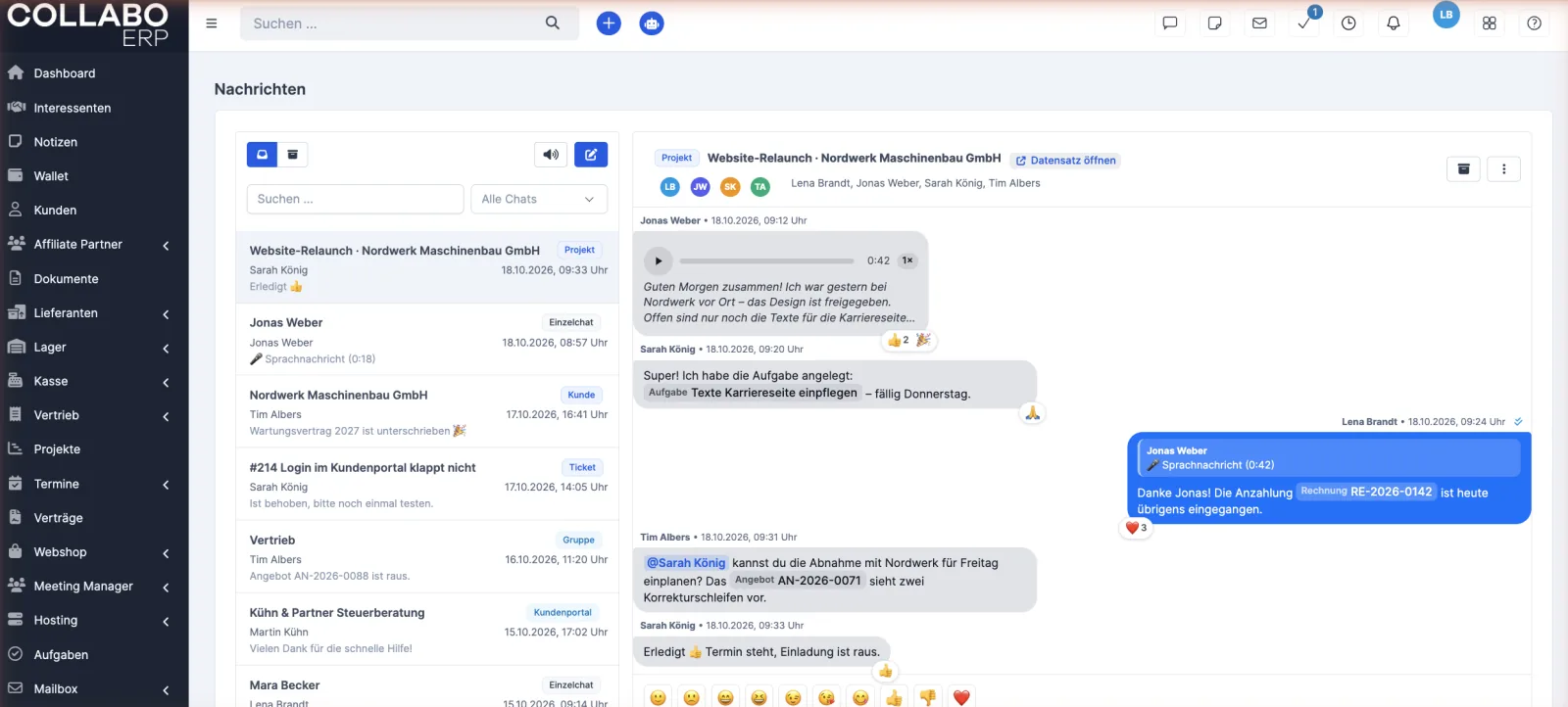 Team-Chat in Collabo ERP mit Sprachnachricht und Verweisen